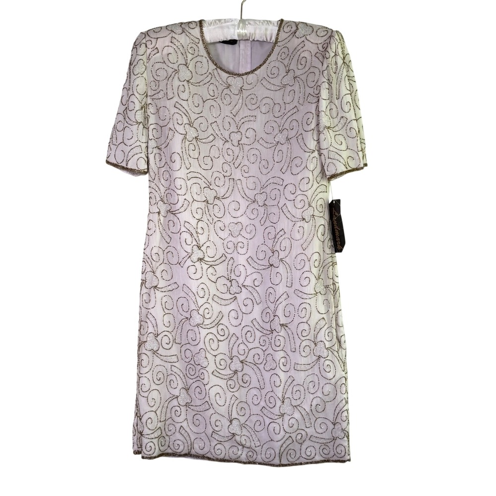Landmark Vintage 80s 90s Beaded Silk Dress Cream Gold Silver NWT 1X Fits M L